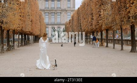 Coppia il giorno del loro matrimonio all'aperto nel centro della città. Azione. Uomo e donna che camminano lungo gli alberi dorati di una valle autunnale. Foto Stock