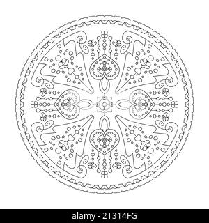 Mandala di Natale. Cuori eleganti e alberi di Natale. Pagina da colorare. Illustrazione Vettoriale