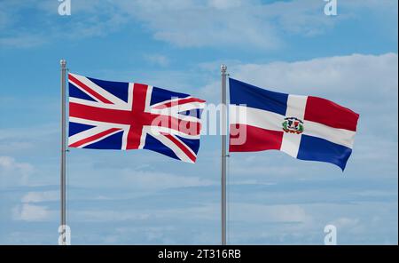 Repubblica Dominicana e Brasile bandiere che sventolano insieme su un cielo nuvoloso blu, concetto di due relazioni tra paesi Foto Stock