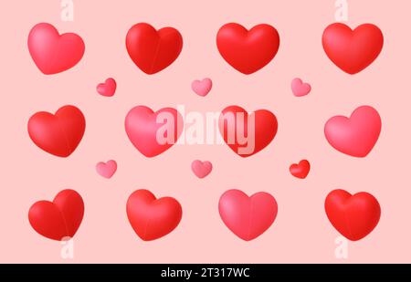 cuori 3d impostati, cuore d'amore isolato varie rotazioni. Icone rosse del giorno, decorazioni romantiche per matrimoni o matrimoni, ricca collezione vettoriale Illustrazione Vettoriale