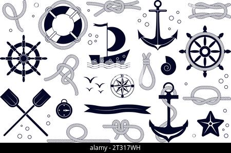 Elementi e icone nautiche. Set decorativo marino, ancora, salvagente e jacht. Nodi e pagaia isolati di una nave marittima, vettoriale decente per la ruota della barca a vela Illustrazione Vettoriale