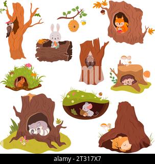 Gli animali dormono nei buchi. Carino animale da cartoni animati in tana. Divertente scoiattolo, pipistrello e coniglio, volpe rossa e piccolo topo. Set vettoriale di personaggi Woodland Illustrazione Vettoriale