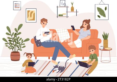Famiglia che usa gadget a casa. Serata in soggiorno, social media per adulti e bambini e dipendenza da Internet. Persone che chiacchierano e studiavano in modo sereno il vettore Illustrazione Vettoriale
