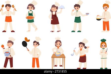 I bambini cucinano in uniforme bianca da chef con utensili da cucina. Bambini chef personaggi, laboratorio di cucine animate per bambini. Set vettoriale per ristoranti intimi Illustrazione Vettoriale