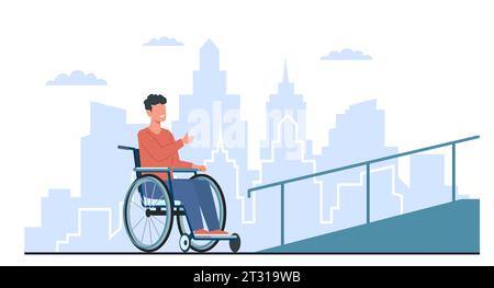 L'uomo in sedia a rotelle si rallegra alla presenza della rampa. Ambiente urbano confortevole per disabili. Accessibilità e inclusività. Edificio di accesso Illustrazione Vettoriale