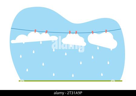 Nuvole bianche pure appese alla linea di abbigliamento. Tempo piovoso. Gocce di pioggia che cadono, cielo blu. Segno meteorologico, stagione diversa, controllo del clima. Cartone animato Illustrazione Vettoriale