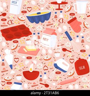 Schema senza cuciture con attrezzi da forno. Pasticceria, pasticceria fatta in casa. Decorazioni tessuti da cucina, carta da rivestimento, carta da parati. Stampa per Illustrazione Vettoriale