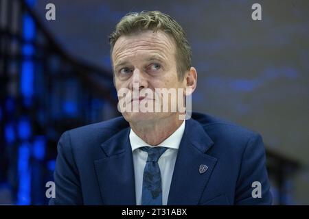 Bruxelles, Belgio. 22 ottobre 2023. Il nuovo ministro della giustizia Paul Van Tigchelt, nella foto, durante una conferenza stampa di Open Vld, esponeva i liberali fiamminghi per presentare il nuovo ministro della giustizia, a Bruxelles domenica 22 ottobre 2023. BELGA PHOTO NICOLAS MAETERLINCK Credit: Belga News Agency/Alamy Live News Foto Stock