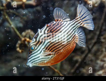 Shaw's cowfish (Aracana aurita) AKA: Striped cowfish, Striped boxfish, Painted boxfish, Southern cowfish e Shaw's boxfish è originario del i orientale Foto Stock