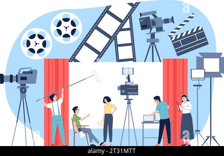 Squadra di riprese cinematografiche. Processo di produzione di film, streaming o blogger professionisti che lavorano. Canale personale, intervista online per preparare una recente scena vettoriale Illustrazione Vettoriale