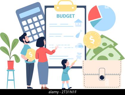 Pianificazione del budget familiare. I bambini e i genitori illustrano le spese. Gestione familiare e finanziaria. Denaro di allocazione per diversi elementi vettore recente Illustrazione Vettoriale