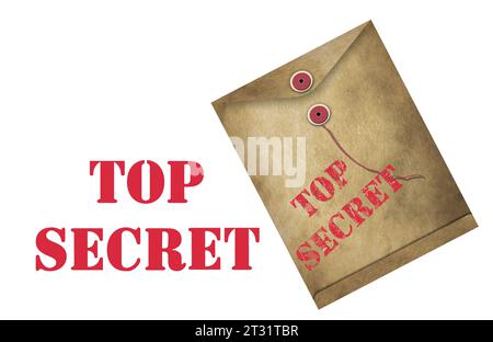 I documenti Top Secret sono nascosti in una busta sporca e grintosa e le parole top secret sono isolate in questa illustrazione 3D. Foto Stock