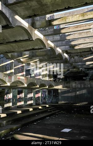 St Seminario di Peter nella tenuta Kilmahew vicino a Cardross, Dumbarton, Scozia. Un edificio brutalista in cemento abbandonato in un bosco ricoperto di graffiti Foto Stock