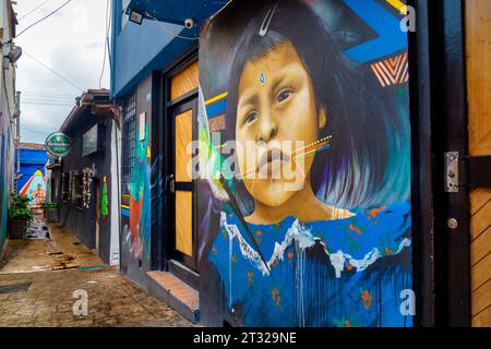 Bogotà, Colombia - 2 gennaio 2023: Passaggio della Plazuela del Chorro de Quevedo con murales e bar chiusi al mattino Foto Stock