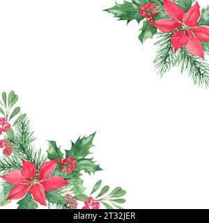 Cornice quadrata natalizia, confine con bouquet angolari. Pianta di Holly con bacche rosse, poinsettia, mirtillo, mirtillo rosso. Simboli del nuovo anno e. Foto Stock