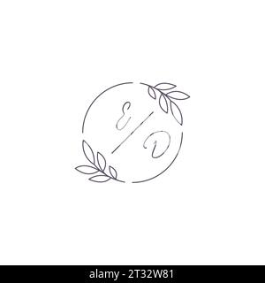 Logo nuziale monogramma ed con contorno semplice a foglia e grafica vettoriale a cerchio Illustrazione Vettoriale