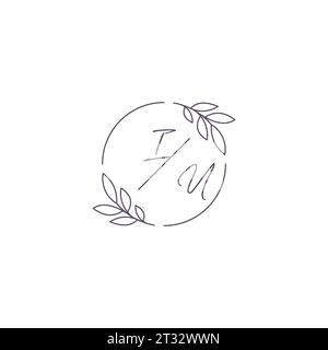 Logo nuziale monogramma IU con contorno semplice a foglia e grafica vettoriale a cerchio Illustrazione Vettoriale