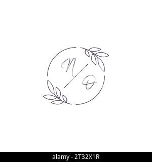 Logo nuziale SENZA monogramma con contorno semplice a foglia e grafica vettoriale a cerchio Illustrazione Vettoriale