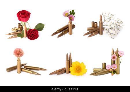 Set di proiettili e bellissimi fiori isolati su bianco Foto Stock