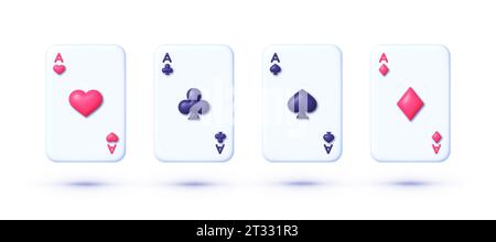 Set di quattro assi mazzo di carte per giocare a poker e casinò su sfondo bianco. Carte da poker da casinò con cuori e diamanti, completi neri e rossi. Vettore Illustrazione Vettoriale