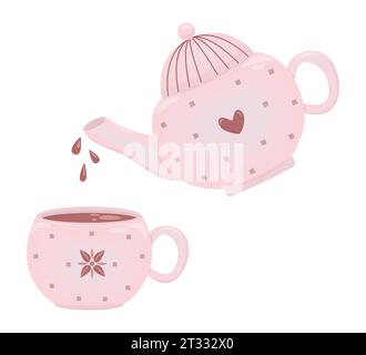 Cioccolata calda in teiera e tazza rosa, simpatica illustrazione vettoriale Illustrazione Vettoriale