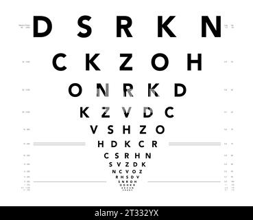 Grafico LogMAR grafico per test oculari illustrazione medica. Contorno stile di schizzo vettoriale di linea isolato su sfondo bianco. Pannello ottico ottico oftalmico per il controllo visivo degli occhiali da vista Illustrazione Vettoriale