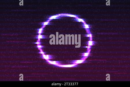 Glitch Circle. Elemento tondo al neon. Modello di banner cyberpunk. Effetto di distorsione futuristica. Segnale digitale distorto. Cornice retro Future. Rin glitched Illustrazione Vettoriale