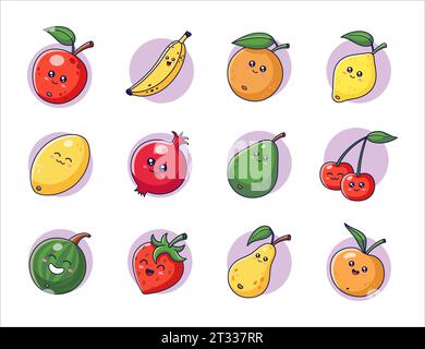 Deliziosa frutta Kawaii in stile cartone animato. Raccolta di frutta. Icone di frutta, adesivi, mascotte. Personaggi Fruits. Illustrazione vettoriale isolata su bianco Illustrazione Vettoriale