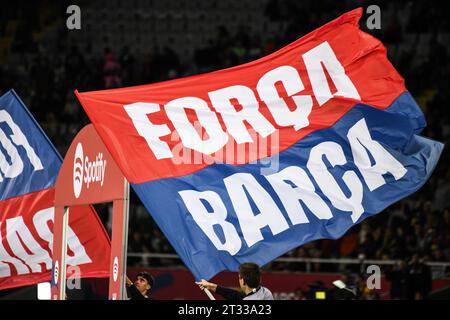 Barcellona, Spagna. 22 ottobre 2023. BARCELLONA, SPAGNA - 22 OTTOBRE: Una bandiera del Barcellona durante una partita tra FC Barcelona e Athletic Bilbao come parte della Liga a Estádio Olímpico Lluís Companys il 22 ottobre 2023 a Barcellona, Spagna. (Foto di Sara Aribó/PxImages/Sipa USA) credito: SIPA USA/Alamy Live News Foto Stock