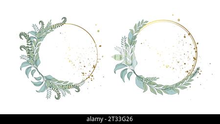 Un set di bellissime cornici dorate per matrimoni decorate con foglie verdi di erbe e piante. Grafica vettoriale piatta, elementi decorativi con spazio di copia Illustrazione Vettoriale