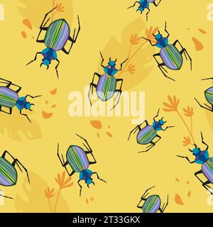 Scarabeo colorato e decorazioni fogliari senza cuciture Illustrazione Vettoriale