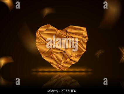 Cuore poligonale cristallino realizzato con sfondo astratto in lamina d'oro. Design vettoriale per San Valentino Illustrazione Vettoriale