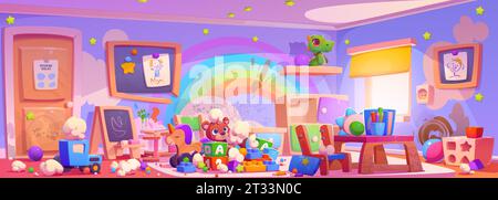 L'interno della camera dell'asilo era disordinato - camera per bambini sporca e disordinata con mobili e giocattoli rotti, macchie e disegni sulle pareti e spazzatura sparsa. Il vettoriale del caos dei cartoni animati nella scuola di gioco per bambini. Illustrazione Vettoriale