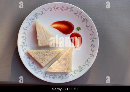 Panino semplice con formaggio e chutney servito con ketchup di pomodoro, menta verde e salsa di coriandolo. giardino di fondo. Vista piatta o dall'alto. Foto Stock