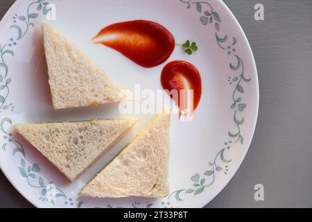 Panino semplice con formaggio e chutney servito con ketchup di pomodoro, menta verde e salsa di coriandolo. giardino di fondo. Vista piatta o dall'alto. Foto Stock