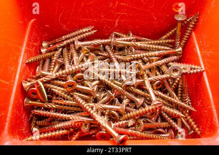 Vite strutturale Spax per legno, primo piano in contenitore rosso Foto Stock