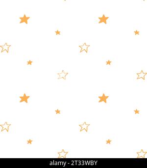 Hand drawn seamless pattern with soft yellow cute childish elements. Doodle kiddish empty and filled stars icons in nice pattern isolated on white bac Illustrazione Vettoriale