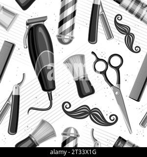 Modello Vector Barbershop senza cuciture, sfondo ripetuto con illustrazioni di attrezzature barbiere per carta da parati, poster quadrato decorativo con flyi Illustrazione Vettoriale