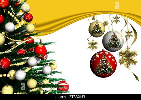 3D'illustrazione. Natale. Decorazione di natale e abete decorato con sfondo bianco. Foto Stock