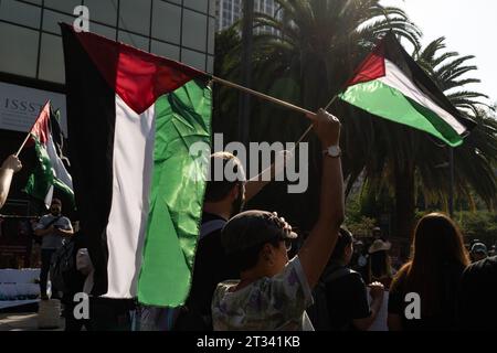 marcia pro-Palestina, città del Messico, Messico. 22 ottobre 2023. I manifestanti sventolano bandiere palestinesi. Migliaia di persone protestano a città del Messico, mentre cantano ripetutamente ÕItÕs non una guerra. ItÕs genocidio». Molte persone sventolavano bandiere palestinesi, altre indossavano un keffiyeh in solidarietà con il popolo palestinese. Vari gruppi formarono parte della marcia tra cui il Partito Comunista messicano, attivisti pro-aborto e gruppi LGBTQ. Crediti: Lexie Harrison-Cripps/Alamy Live News Foto Stock