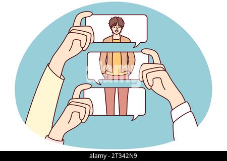 Le mani della gente che tengono le bolle del messaggio fanno i commenti circa gli sguardi della persona. Commenti anonimi e la condivisione di opinioni negative on-line. Illustrazione vettoriale. Illustrazione Vettoriale