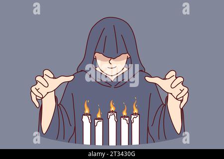Il monaco uomo in cappuccio si erge sopra candele brucianti, eseguendo misteriosi rituali religiosi per comunicare con il mondo ultraterreno. Monk sperimenta la magia nera e pratica la stregoneria Illustrazione Vettoriale