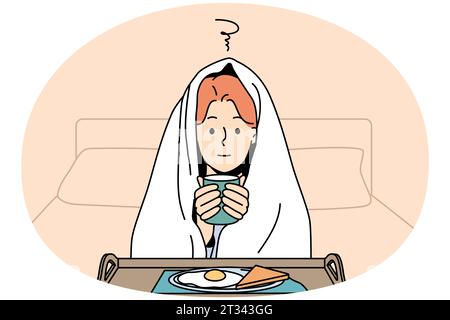 Donna in coperta sedersi a letto sentire freddo bere tè caldo mangiare prima colazione. La ragazza pensiva in copertura soffre di basse temperature all'interno caldo con cibo e caffè. Illustrazione vettoriale. Illustrazione Vettoriale