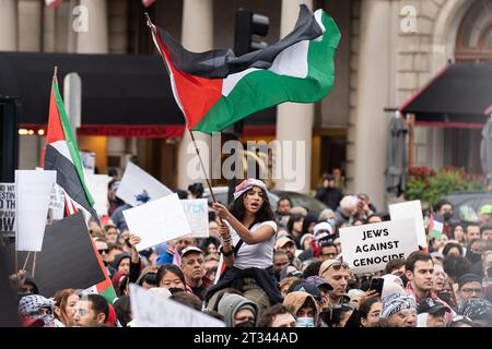 Una giovane ragazza siede sopra la linea della folla sventolando una bandiera palestinese durante il raduno. Centinaia di sostenitori pro-palestinesi si radunarono a Boston, Massachusetts. I relatori di varie organizzazioni sociali si sono rivolti a una grande folla sui gradini della Boston Public Library di Copley Square. I manifestanti poi scesero per le strade marciando intorno al quartiere Back Bay di Boston e finirono l'esterno del Consolato israeliano a Boston. L'ultima manifestazione di protesta a Boston arriva quando i camion di soccorso hanno iniziato ad entrare nel valico di frontiera di Rafah dall'Egitto. Foto Stock