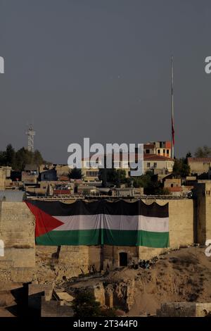 21 ottobre 2023: Gaziantep, Turkiye. 21 ottobre 2023. Una grande bandiera palestinese è esposta al castello di Gaziantep nel sud del Turkiye. La bandiera fa parte dell'espressione di solidarietà di Turkiye verso Gaza. Da un'importante operazione di Hamas in Israele, il 7 ottobre, l'esercito israeliano ha bombardato Gaza con continui bombardamenti uccidendo e ferendo migliaia di palestinesi nell'enclave palestinese malata (Credit Image: © Muhammed Ibrahim Ali/IMAGESLIVE via ZUMA Press Wire) SOLO PER USO EDITORIALE! Non per USO commerciale! Foto Stock