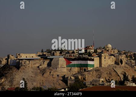 21 ottobre 2023: Gaziantep, Turkiye. 21 ottobre 2023. Una grande bandiera palestinese è esposta al castello di Gaziantep nel sud del Turkiye. La bandiera fa parte dell'espressione di solidarietà di Turkiye verso Gaza. Da un'importante operazione di Hamas in Israele, il 7 ottobre, l'esercito israeliano ha bombardato Gaza con continui bombardamenti uccidendo e ferendo migliaia di palestinesi nell'enclave palestinese malata (Credit Image: © Muhammed Ibrahim Ali/IMAGESLIVE via ZUMA Press Wire) SOLO PER USO EDITORIALE! Non per USO commerciale! Foto Stock