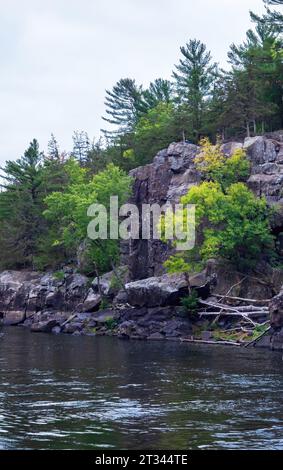 Formazione rocciosa dell'Old Man of the Dalles sulla St. Croix River presso l'Interstate State Park di St. Croix Falls, Wisconsin USA. Foto Stock