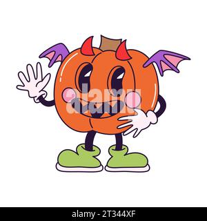 Divertente personaggio cartoni animati retrò Pumpkin in stile vintage anni '70 con costume da pipistrello. Buon Halloween. Illustrazione vettoriale del contorno isolata su bac bianco Illustrazione Vettoriale