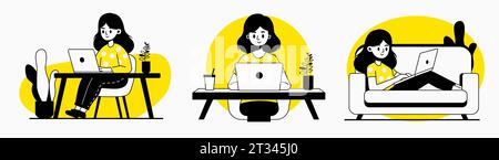 Donna lavora con un portatile. Stile semplice. Lavoro a casa. Raccolta di illustrazioni vettoriali. Illustrazione Vettoriale