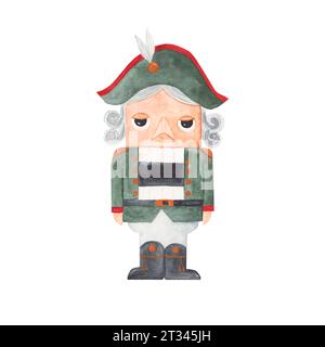illustrazione ad acquerello del soldato dello schiaccianoci festivo. Disegno senza sfondo per striscioni, cartoline, motivi, stampa su T-shirt, cuscini. Foto Stock